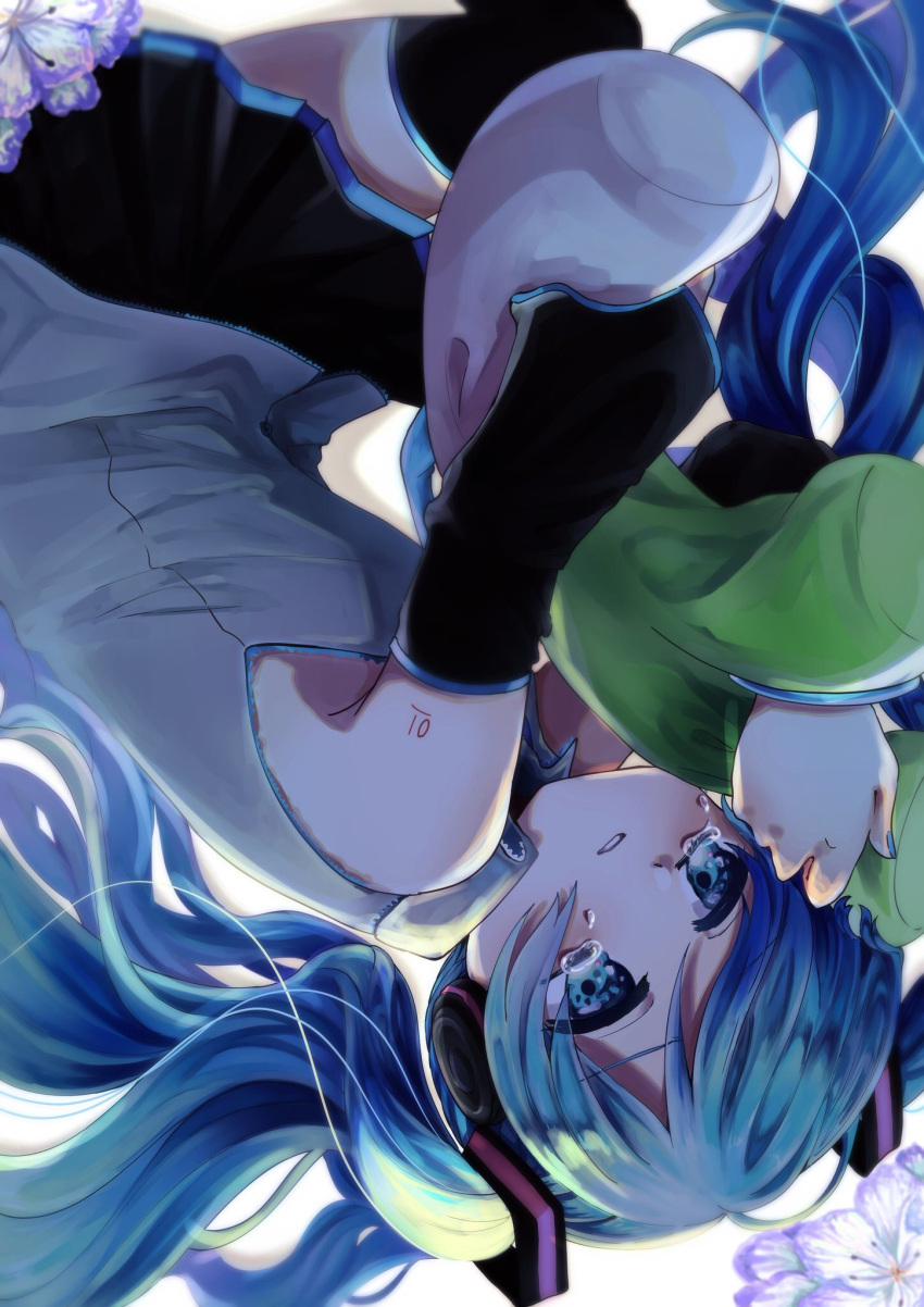 aqua_eyes, aqua_hair, black_skirt, black_sleeves, blue_eyes, blue_hair, blue_necktie, boots