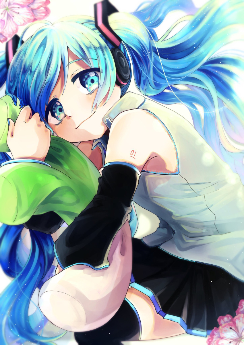 aqua_eyes, aqua_hair, black_skirt, black_sleeves, blue_eyes, blue_hair, blue_necktie, boots
