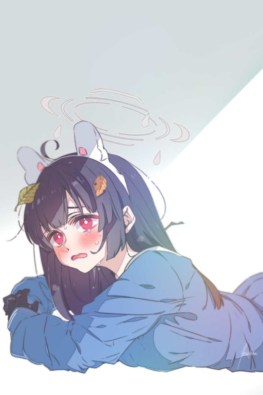 1girl, absurdres, ahoge, animal_ears, black_gloves, black_hair, blue_archive, blue_serafuku