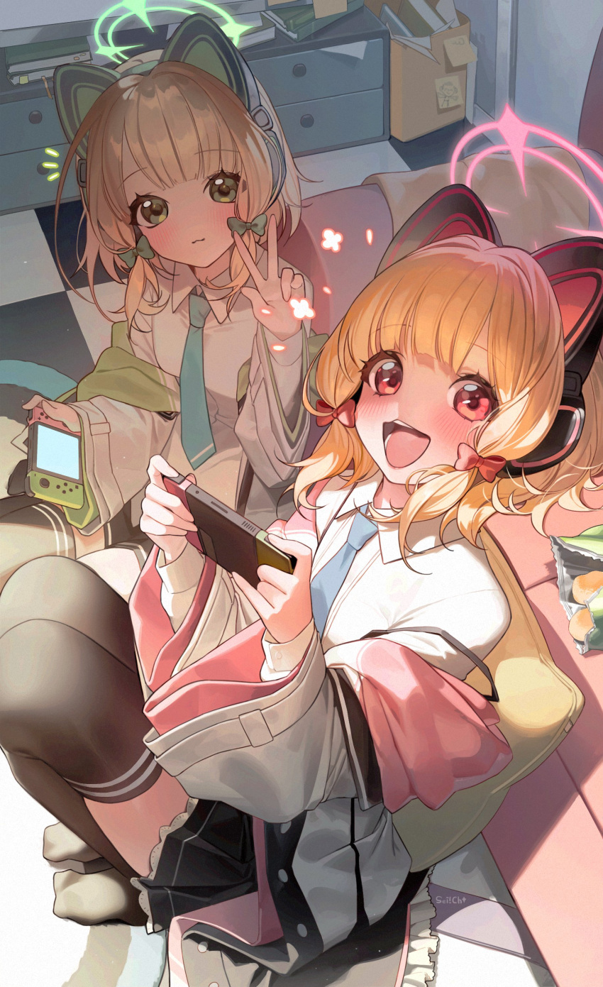 2girls, absurdres, animal_ear_headphones, animal_ears, blonde_hair, blue_archive, blush, bow