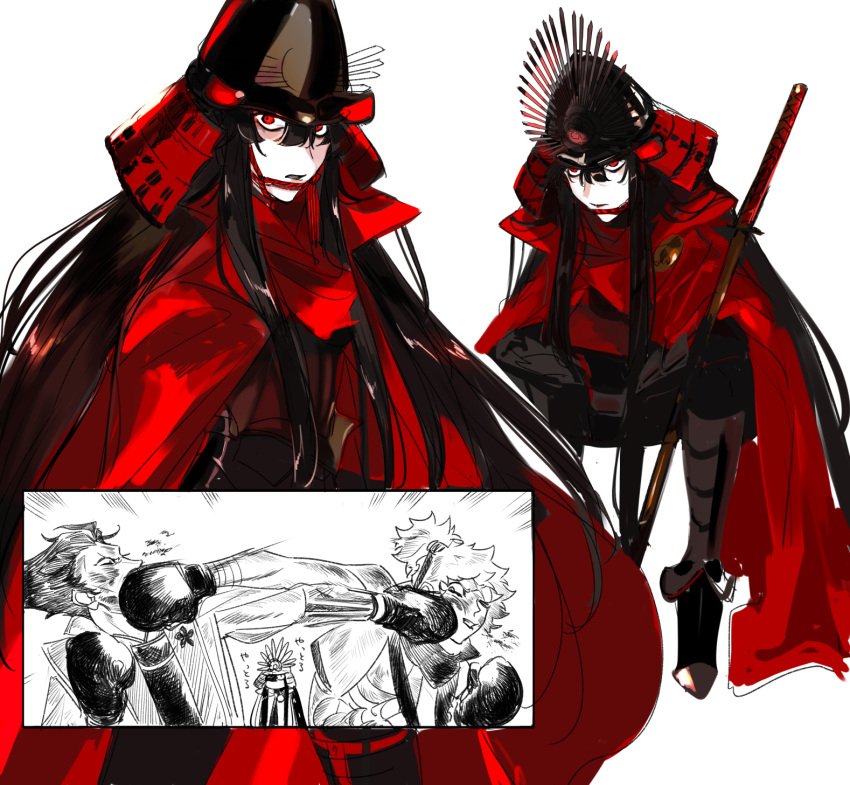 1girl, 2boys, akechi_mitsuhide_(fate), alternate_costume, armor, black_hair, cape, crosscounter