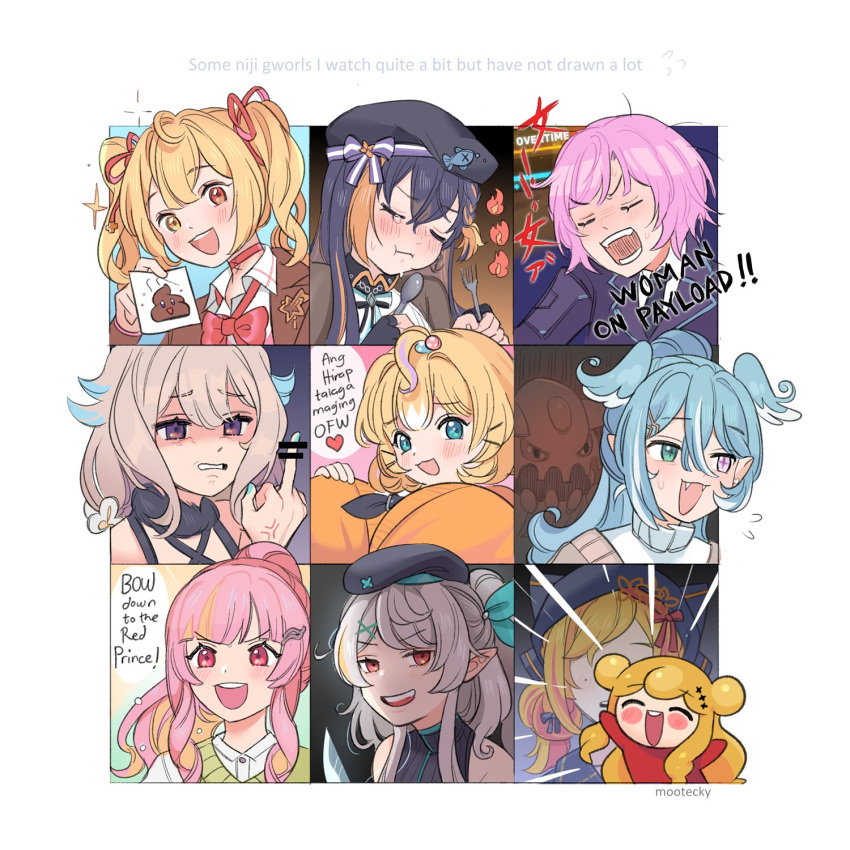 6+girls, ahoge, beret, black_hair, black_headwear, blazer, blue_eyes, blue_hair