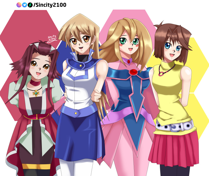 4girls, arms_behind_back, blonde_hair, blue_eyes, blue_skirt, brown_hair, dark_magician_girl, duel_academy_uniform_(yu-gi-oh!_gx)