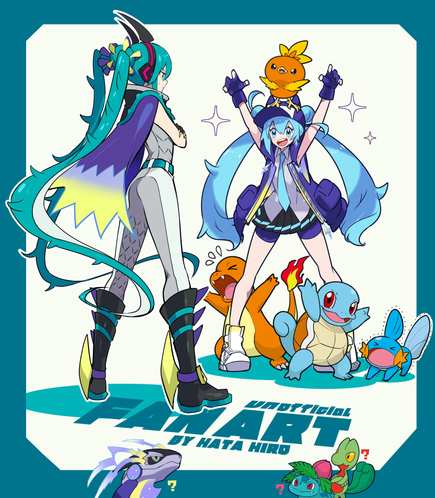 2girls, ?, absurdres, aqua_eyes, aqua_hair, arms_up, bike_shorts, black_footwear