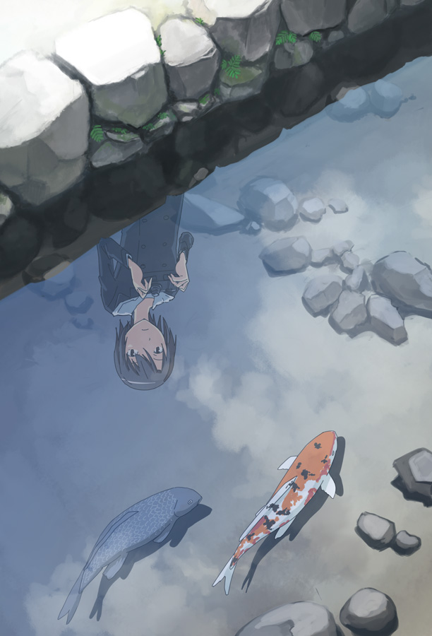 fish, goldfish, koi, kusakabe_(kusakabeworks), kusakabe_(pixiv10302), original, reflection, rock
