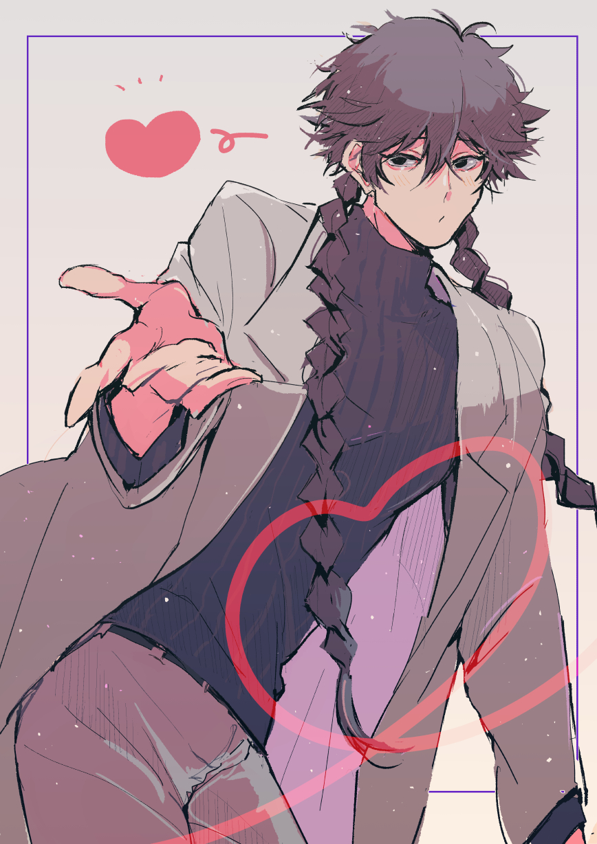 1boy, black_eyes, black_shirt, blnccnlb, blowing_kiss, blue_period, braid, brown_hair