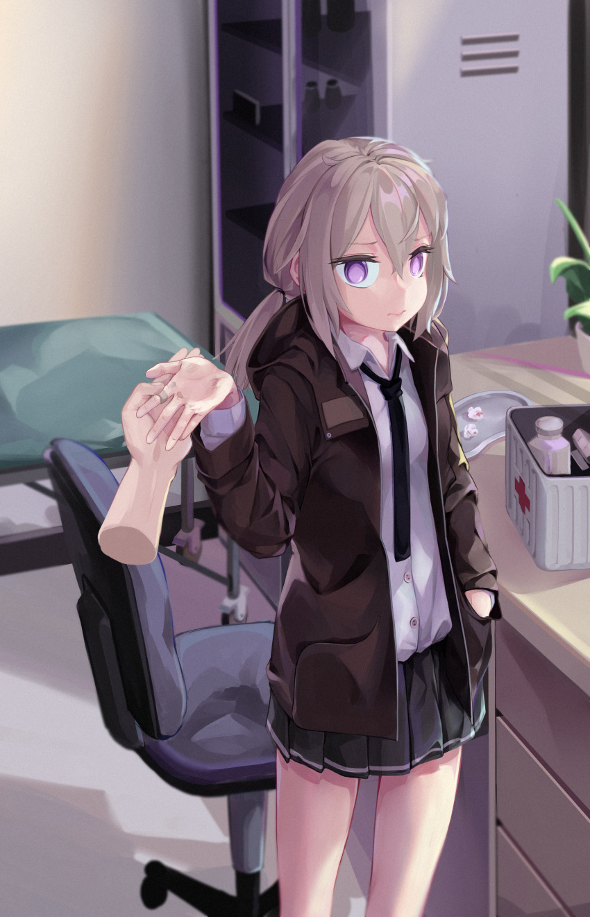 absurdres, ahoge, bandaid, brown_jacket, buttons, fingers, first_aid_kit, girls_frontline