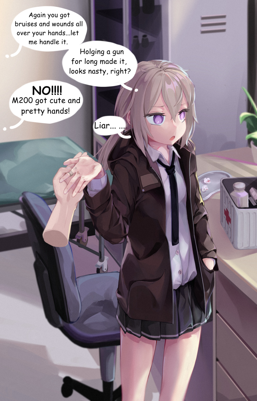 absurdres, ahoge, bandaid, brown_jacket, bruise, buttons, cross, fingers