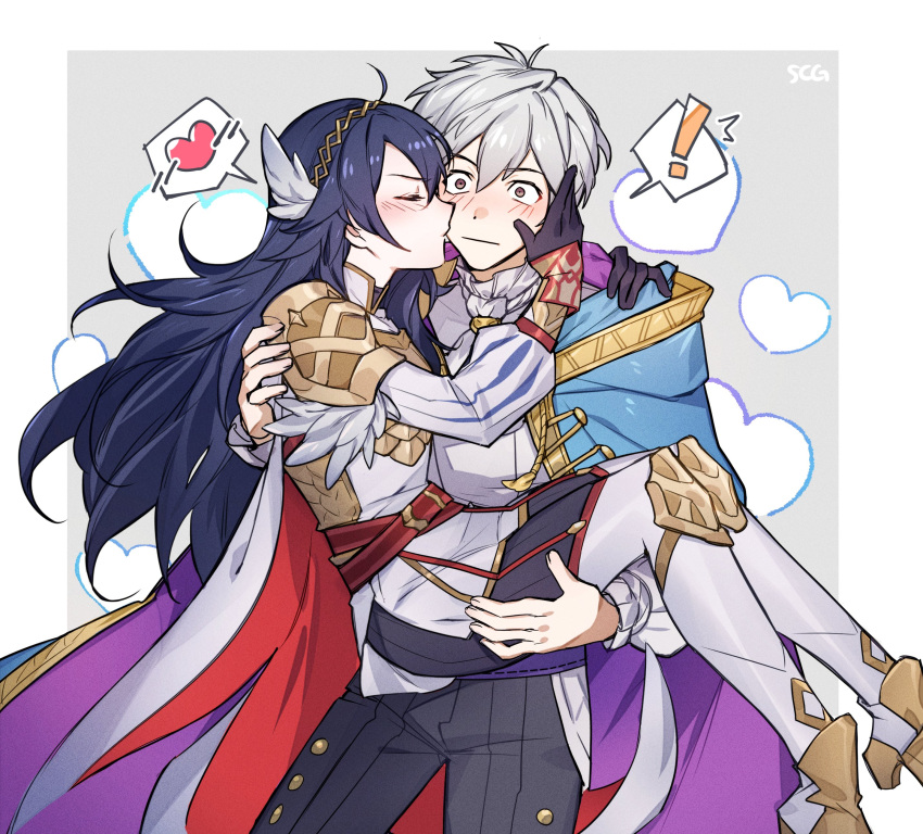 !, 1boy, 1girl, absurdres, black_gloves, blue_eyes, blush, cape, carrying, carrying_person, closed_mouth, fire_emblem, fire_emblem_awakening, fire_emblem_heroes, gloves, hand_on_another's_cheek, hand_on_another's_face, heart, hetero, highres, kiss, kissing_cheek, long_hair, lucina_(fire_emblem), lucina_(resplendent)_(fire_emblem), official_alternate_costume, princess_carry, puffy_sleeves, purple_cape, robin_(fire_emblem), robin_(male)_(exalt's_deliverer)_(fire_emblem), robin_(male)_(fire_emblem), shoulder_pads, silvercandy_gum, speech_bubble, spoken_exclamation_mark, spoken_heart, white_cape, white_hair, wide-eyed, wing_hair_ornament