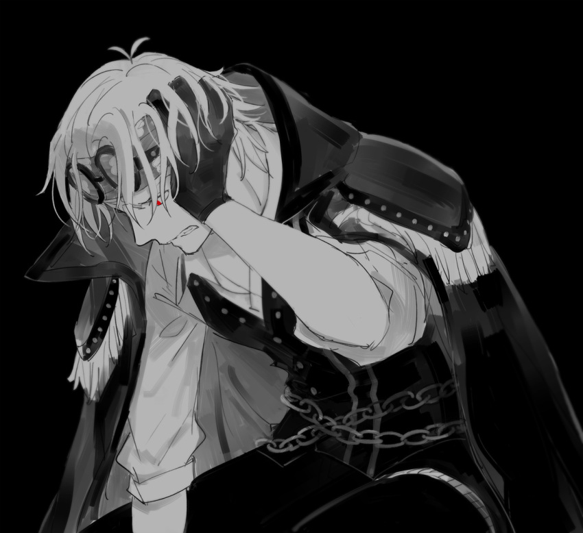 1boy, clenched_teeth, epaulettes, feet_out_of_frame, glasses, greyscale, hand_in_own_hair, hand_on_own_head