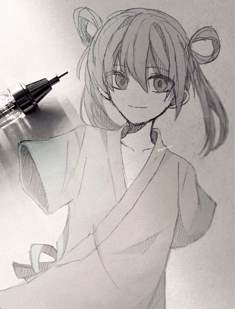 1boy, amputee, art_tools_in_frame, double_amputee, grey_eyes, grey_hair, light_smile, long_hair, mama_ni_aitai, otoko_no_ko, oyuirasuto, photo_(medium), rokubanme, short_sleeves, sketch, smile, traditional_media, twintails