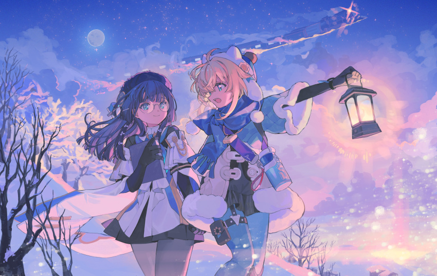 2girls, absurdres, bare_tree, black_headwear, black_skirt, blue_eyes, blue_hair, blue_jacket, blue_pantyhose, blunt_ends, book, chinese_commentary, closed_mouth, clouds, coat, commentary_request, dress, fur-trimmed_jacket, fur_trim, grey_pants, hat, highres, holding, holding_book, holding_hands, holding_lantern, honkai:_star_rail, honkai_(series), jacket, lantern, looking_at_another, looking_back, lynx_landau, multiple_girls, open_mouth, outdoors, outstretched_hand, pants, pantyhose, pela_(honkai:_star_rail), pink_sky, purple_skirt, red_medicine, skirt, sky, smile, snow, thigh_pouch, tree, white_dress, winter_clothes, winter_coat