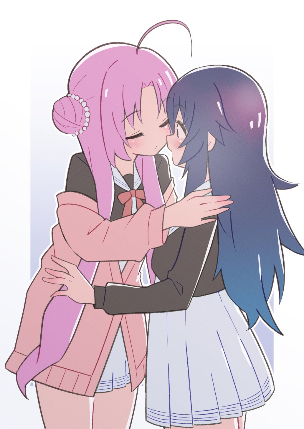 2girls, ahoge, akeuchi_yuu, aly_(eshikidori), beads, black_jacket, blue_hair, blush