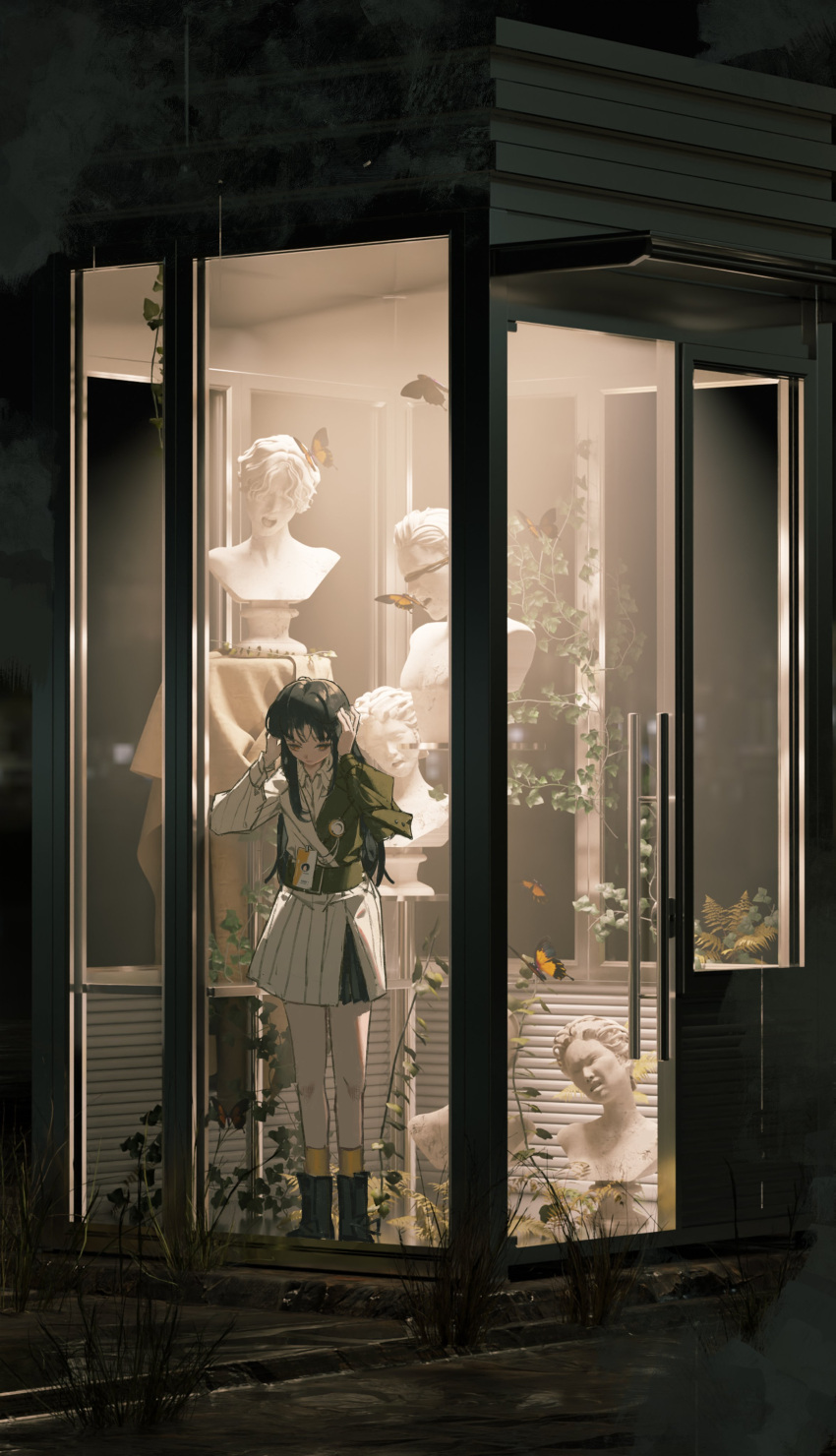 1girl, 3d_background, absurdres, asymmetrical_sleeves, belt, black_hair, black_skirt, boots