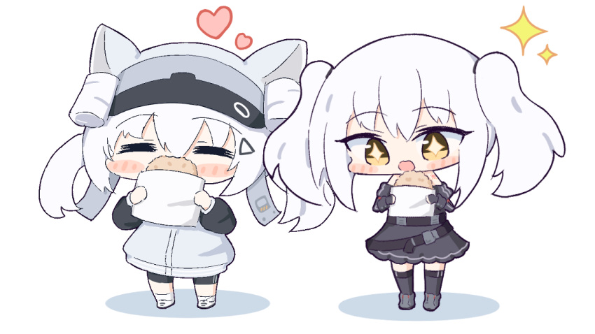 2girls, belorta_(nikke), belt, bike_shorts, black_gloves, black_shorts, blush_stickers, brown_eyes