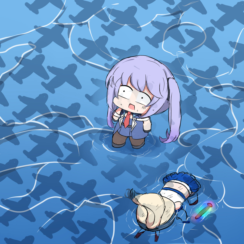 2girls, afloat, aircraft, airplane, ayanami_(azur_lane), azur_lane, blonde_hair, essex_(azur_lane), highres, marin_liekuriva_(mmliku), multiple_girls, necktie, ocean, purple_hair, shadow, skirt, twintails, waves