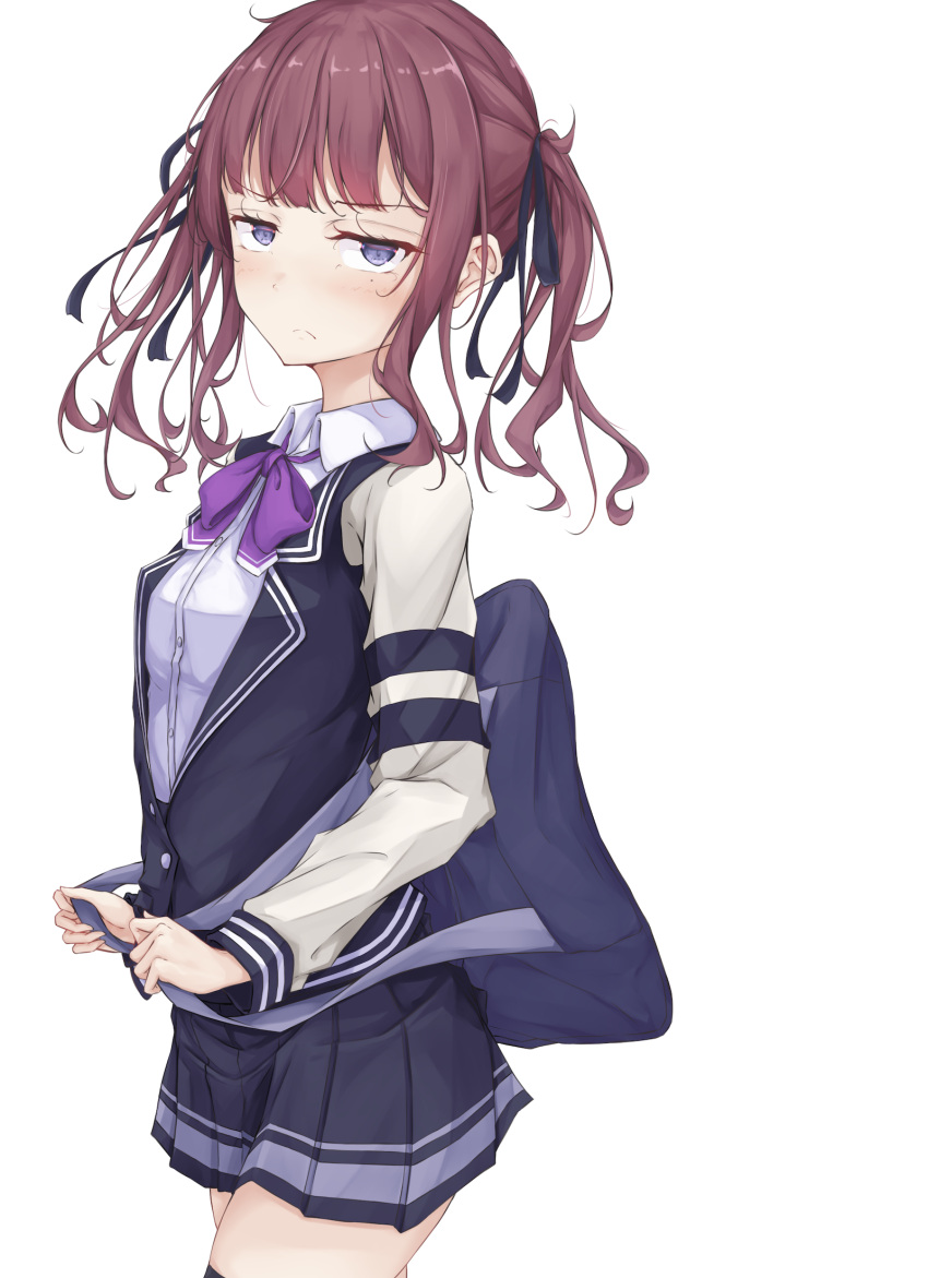 1girl, annoyed, bag, blazer, blue_jacket, blue_skirt, bow, collar