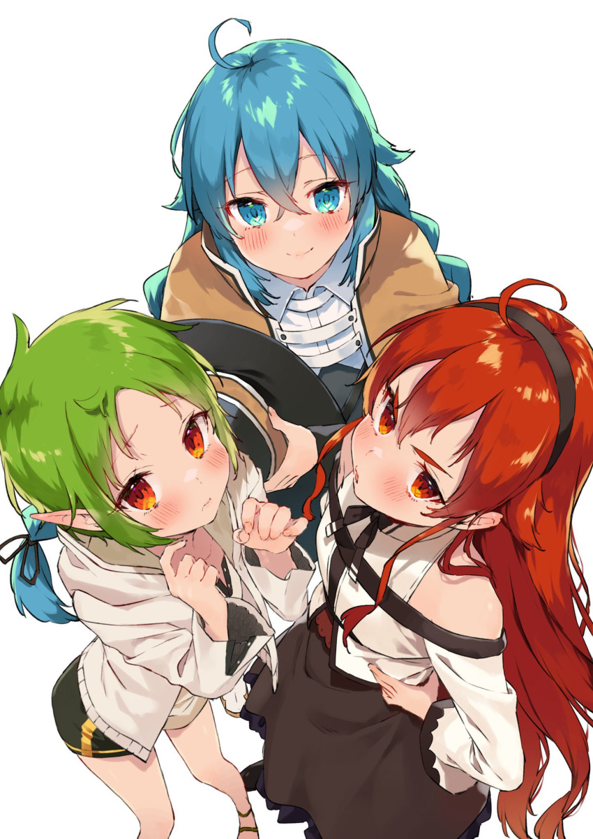3girls, ahoge, bare_shoulders, black_hairband, blue_eyes, blue_hair, braid, brown_capelet