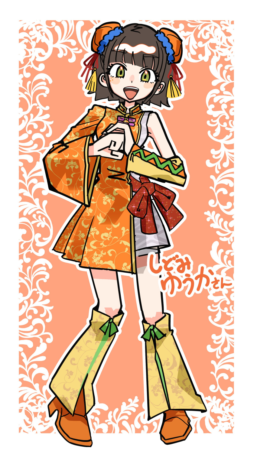 1girl, :d, absurdres, blunt_bangs, blush, border, brown_hair, bun_cover, character_name, chinese_clothes, commentary_request, cosplay, denonbu, detached_sleeves, double_bun, dress, full_body, green_eyes, hair_bun, hair_ribbon, hidaka_reina_(denonbu), hidaka_reina_(denonbu)_(cosplay), high_heels, highres, leg_warmers, long_sleeves, looking_at_viewer, official_alternate_costume, open_mouth, orange_background, orange_dress, orange_footwear, outline, own_hands_together, real_life, red_ribbon, ribbon, shidomi_yuuka, shoes, short_hair, smile, solo, standing, tassel, tsuzutsu, voice_actor_connection, white_border, white_outline