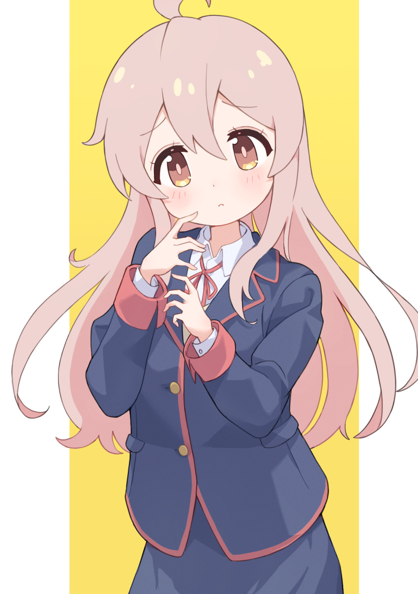 1girl, ahoge, black_jacket, black_skirt, brown_eyes, commentary_request, cowboy_shot, hair_between_eyes