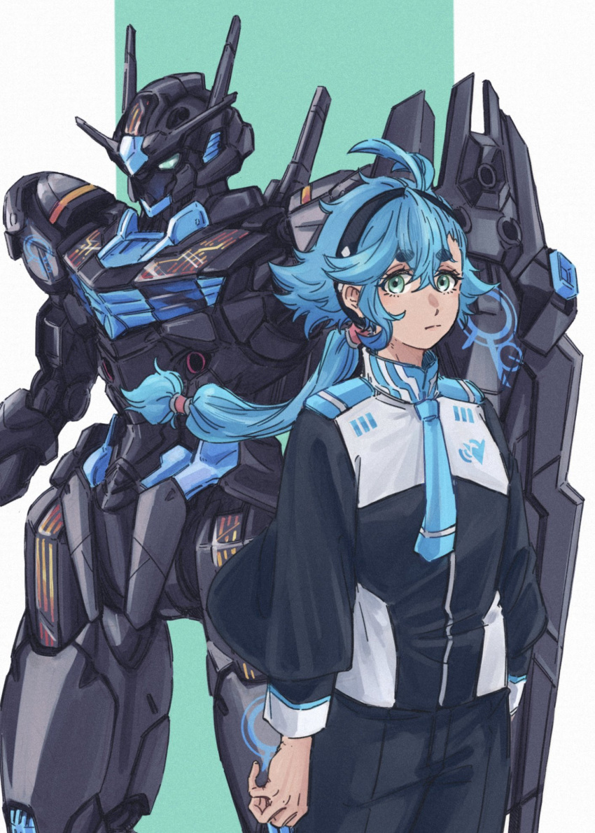 1girl, alternate_color, alternate_hair_color, aqua_background, arm_shield, arms_at_sides, asticassia_school_uniform, black_hairband