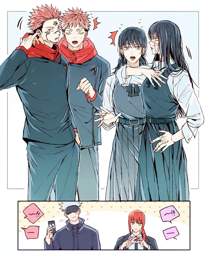 2boys, absurdres, black_hair, black_jacket, black_pants, blue_eyes, chainsaw_man, closed_mouth, crossover, gojou_satoru, hair_between_eyes, highres, holding, hood, hoodie, itadori_yuuji, jacket, jujutsu_kaisen, jujutsu_tech_uniform, long_sleeves, makima_(chainsaw_man), mitaka_asa, multiple_boys, open_mouth, pants, red_hoodie, ryoumen_sukuna_(jujutsu_kaisen), shirt, short_hair, smile, standing, white_hair, yoon_(dmsco1803), yoru_(chainsaw_man)