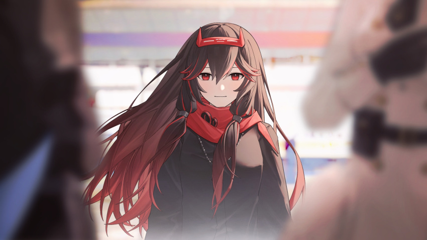 1boy, 2girls, belt_pouch, black_gloves, black_necktie, black_shirt, blurry, blurry_background