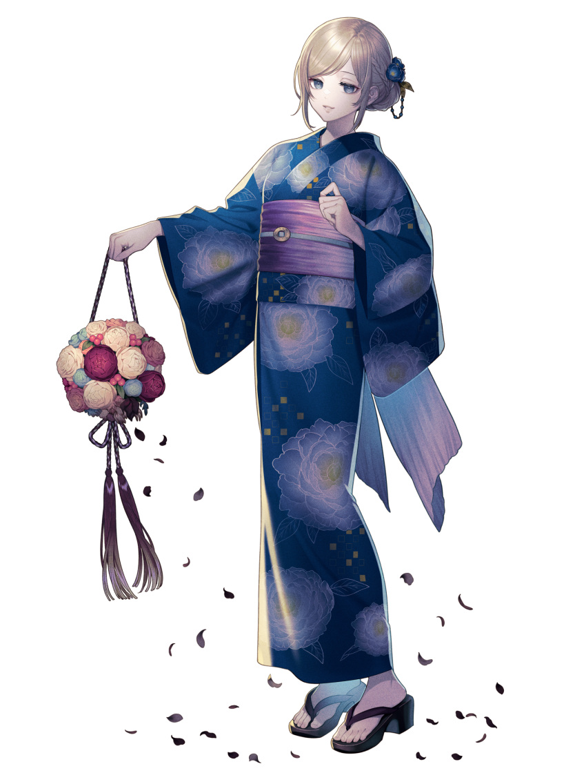 1girl, black_footwear, blue_eyes, bouquet, braid, dairoku_ryouhei, floral_print, flower, hair_bun, hair_flower, hair_ornament, highres, holding, holding_bouquet, irene_corneille, japanese_clothes, kimono, light_brown_hair, obi, petals, sandals, sash, satono_omo, solo, standing, transparent_background, wide_sleeves