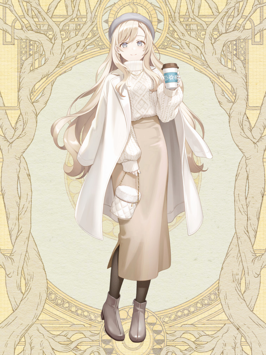 1girl, bag, beret, black_pantyhose, blonde_hair, brown_footwear, brown_skirt, coat