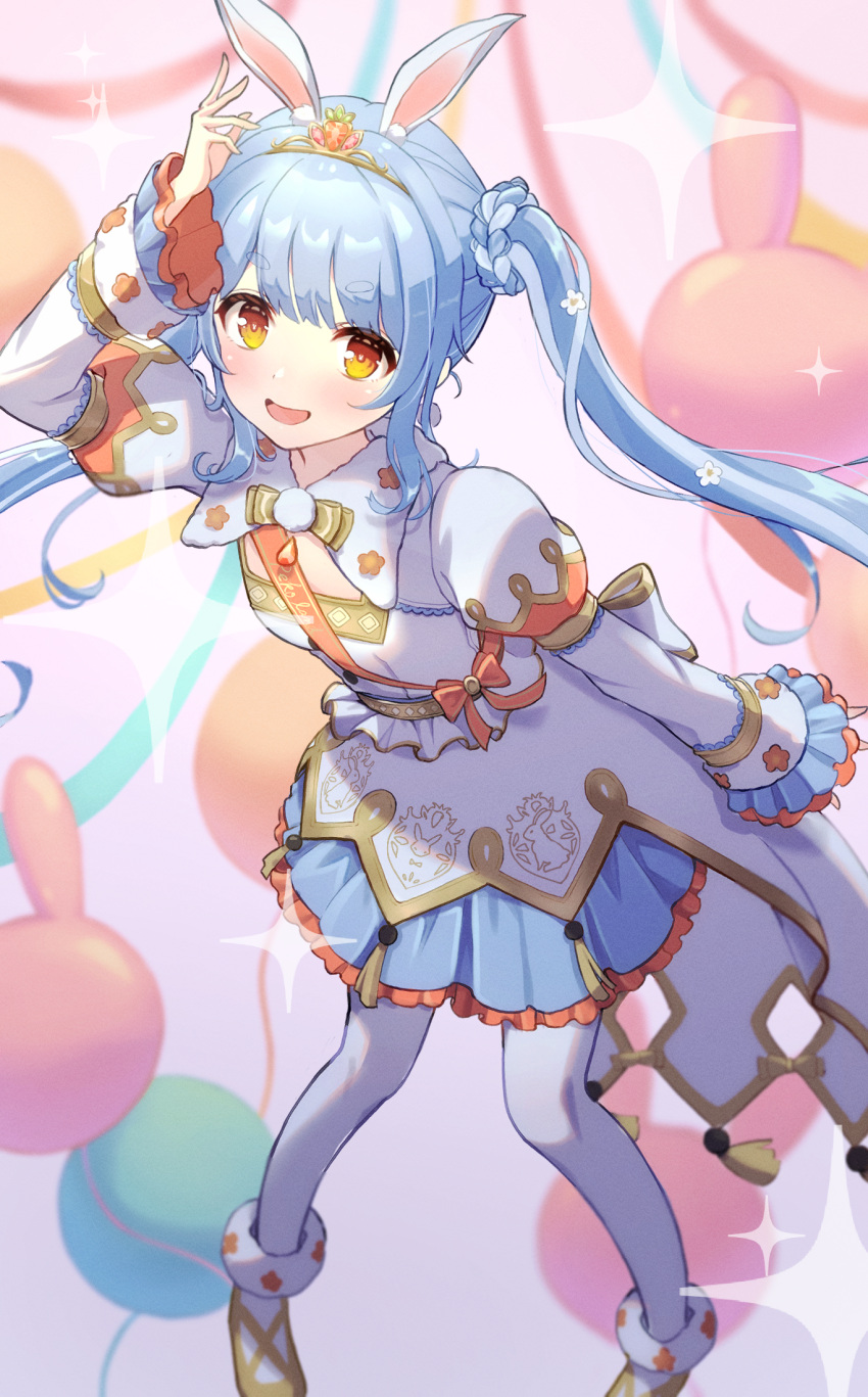 1girl, :d, animal_ear_fluff, animal_ears, arm_up, balloon, blue_hair, blue_skirt, braid, commentary, flower, frilled_skirt, frilled_sleeves, frills, hair_flower, hair_ornament, highres, hololive, juliet_sleeves, leaning_forward, long_sleeves, looking_at_viewer, mochigome_19, official_alternate_costume, official_alternate_hair_length, official_alternate_hairstyle, open_mouth, orange_eyes, pantyhose, puffy_sleeves, rabbit-shaped_pupils, rabbit_ears, rabbit_girl, skirt, smile, solo, sparkle, symbol-shaped_pupils, tiara, twintails, usada_pekora, usada_pekora_(pekoland_princess), virtual_youtuber, waist_cape, white_pantyhose, wide_sleeves