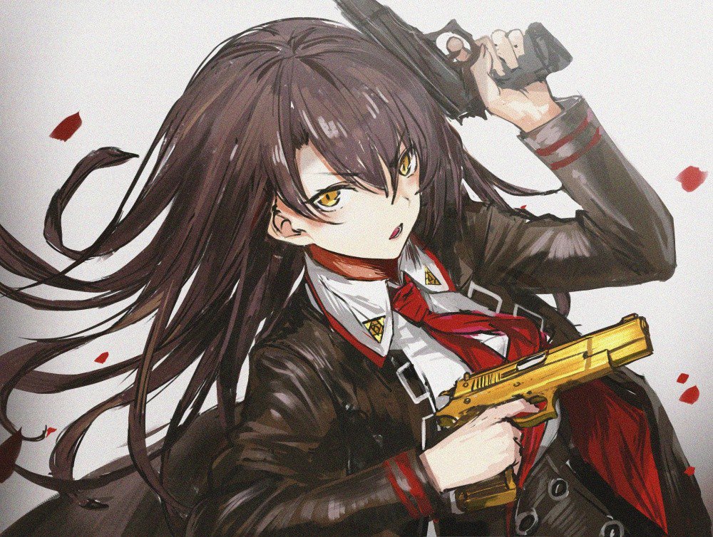 1girl, artist_request, black_jacket, brown_hair, commentary_request, cz_75, dual_wielding, falling_petals