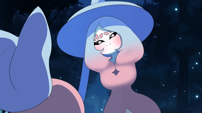 1girl, absurdly_long_hair, black_sclera, blue_hair, blue_headwear, blush, closed_mouth, colored_sclera
