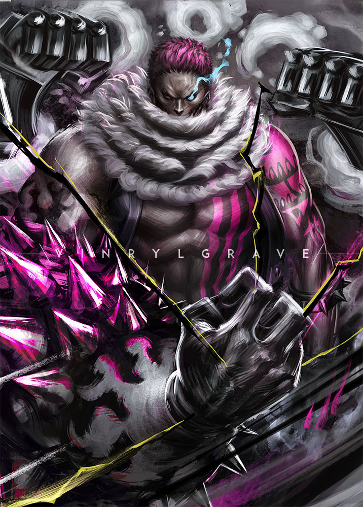 1boy, abs, arm_tattoo, armlet, artist_name, black_gloves, charlotte_katakuri, chest_tattoo, clenched_hands, commentary, covered_mouth, english_commentary, gloves, male_focus, muscular, muscular_male, one_piece, purple_hair, scar, scar_on_face, scar_on_mouth, scarf, short_hair, solo, spiked_armlet, spikes, tattoo, vinrylgrave
