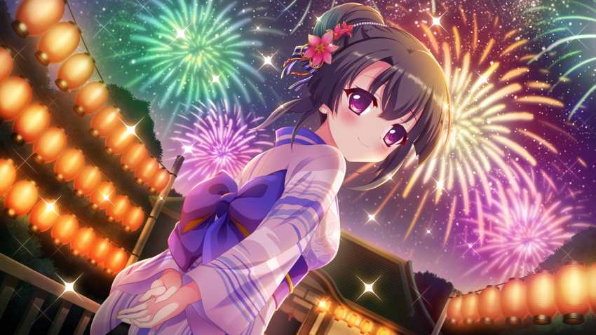 1girl, aerial_fireworks, architecture, arms_behind_back, black_hair, closed_mouth, dot_nose, dutch_angle