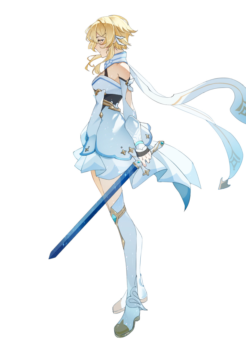 1girl, bare_shoulders, blonde_hair, boots, closed_mouth, detached_sleeves, dress, feather_hair_ornament