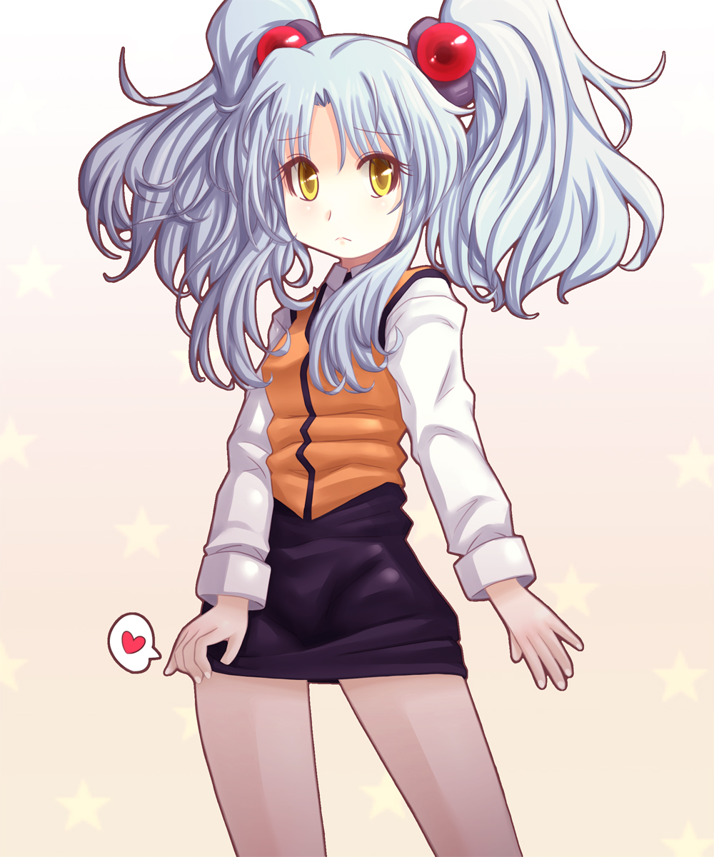 1girl, black_skirt, blue_hair, ebi_tendon, hair_bobbles, hair_ornament, heart, highres, hoshino_ruri, kidou_senkan_nadesico, long_hair, looking_at_viewer, miniskirt, orange_vest, shirt, skirt, skirt_tug, solo, thighs, twintails, vest, white_shirt, yellow_eyes