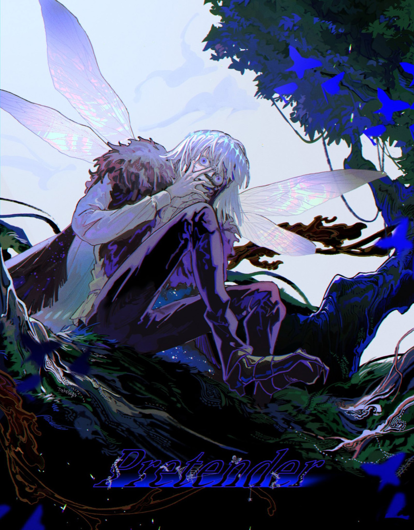 1boy, arthropod_boy, black_skin, blue_butterfly, blue_eyes, bug, butterfly, cape, collared_shirt, colored_skin, crown, diamond_hairband, dragon_claw, dragonfly_wings, endo_(takolegs), fate/grand_order, fate_(series), fur-trimmed_cape, fur_trim, grey_hair, hands_on_own_face, highres, insect_wings, long_sleeves, looking_at_viewer, male_focus, medium_hair, multicolored_skin, oberon_(fate), oberon_(third_ascension)_(fate), shirt, sitting, smile, solo, white_shirt, wings