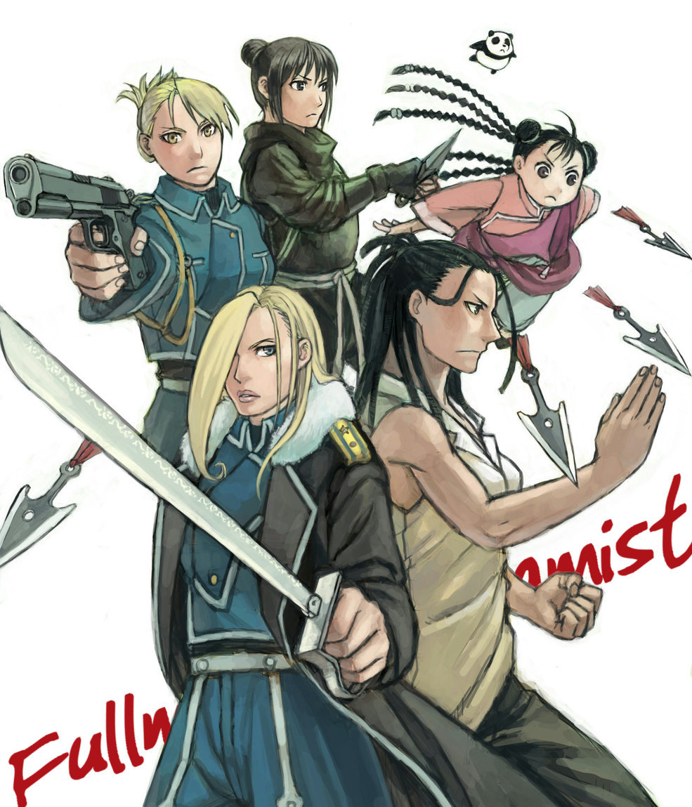 bad_id, black_hair, blonde_hair, blue_eyes, braid, brown_eyes, chinese_clothes, colt_m1911