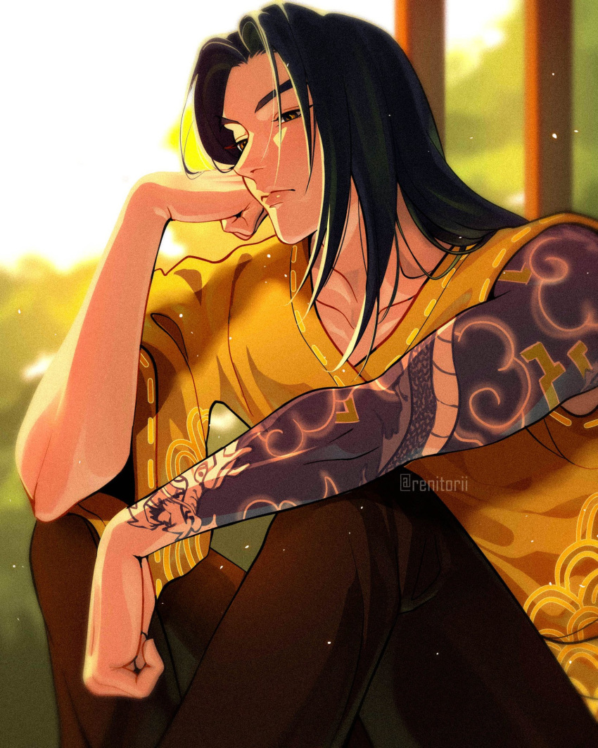 1boy, aged_down, alternate_costume, arm_tattoo, black_hair, brown_pants, closed_mouth, day, english_commentary, hanzo_(overwatch), highres, long_hair, male_focus, outdoors, overwatch, overwatch_1, pants, renitori1, shirt, solo, tattoo, twitter_username, upper_body, yellow_shirt, young_hanzo