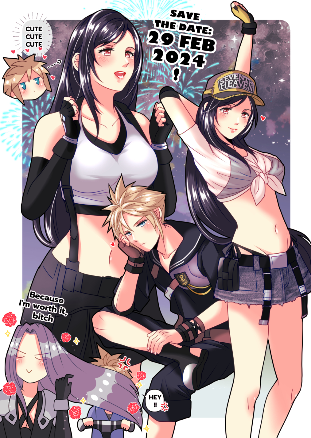 1girl, 2boys, arms_up, babigonice, black_hair, blonde_hair, blue_eyes, blush