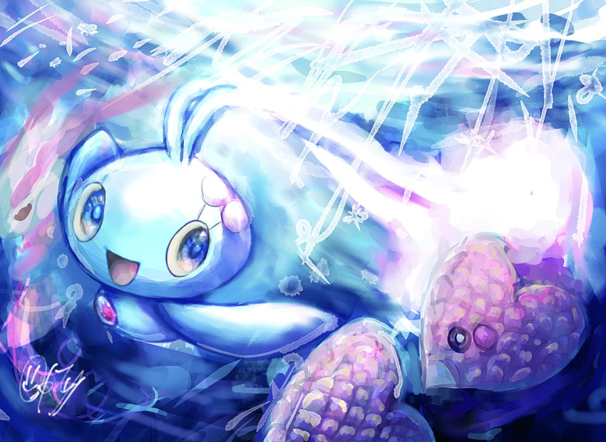 animal_focus, artist_name, black_eyes, blue_background, blue_eyes, blue_theme, blush_stickers, bright_pupils, chest_jewel, colored_sclera, commentary_request, fish, full_body, gem, happy, looking_to_the_side, luvdisc, manaphy, no_humans, open_mouth, outdoors, pokemon, pokemon_(creature), red_gemstone, signature, sketch, smile, tensaitou_tou, underwater, white_pupils, yellow_sclera