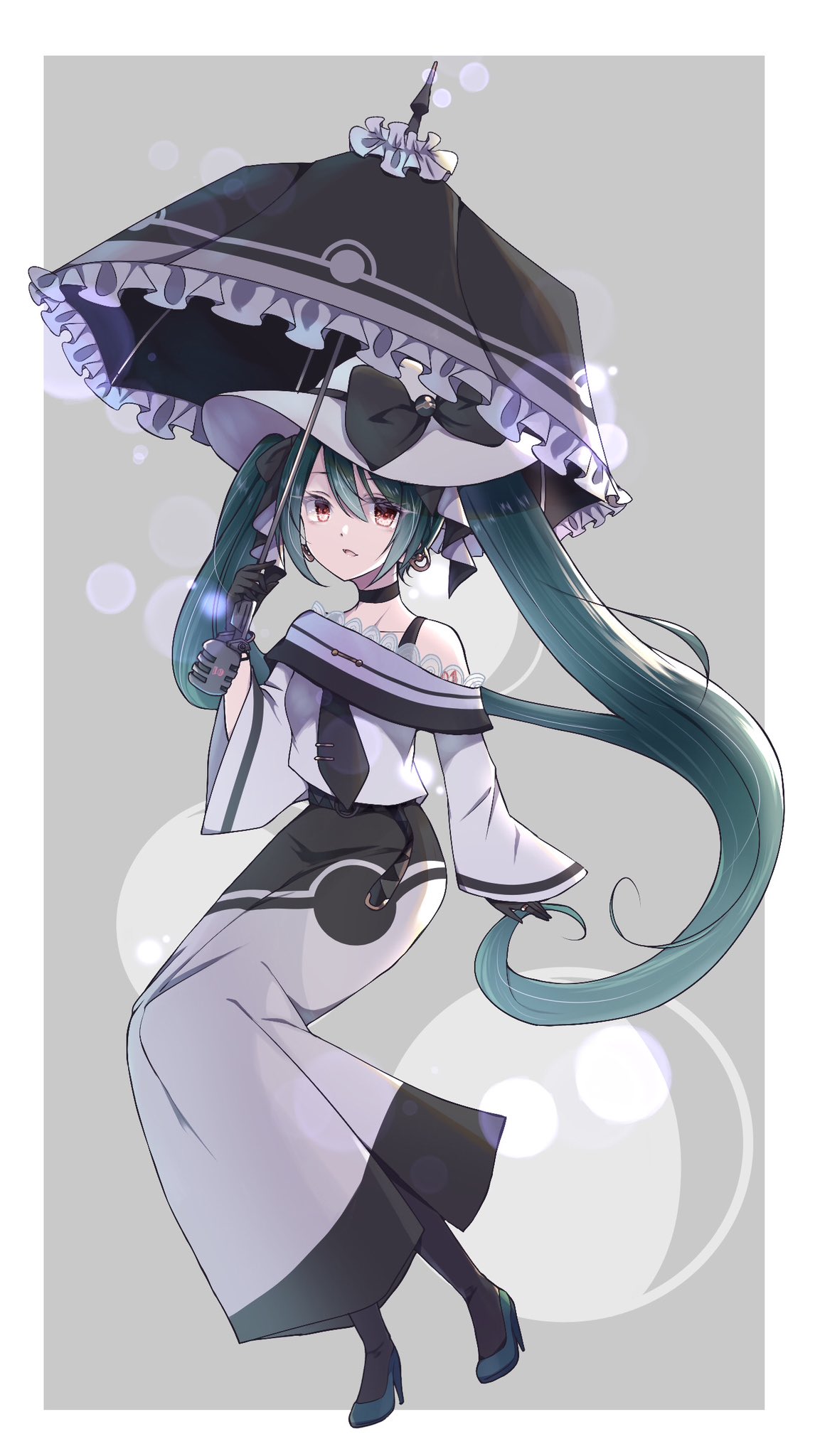 1girl, black_bow, black_choker, black_gloves, black_pantyhose, bow, choker, commentary, dark_miku_(project_voltage), earrings, gloves, green_footwear, green_hair, hat, hat_bow, hatsune_miku, high_heels, highres, holding, holding_umbrella, jewelry, long_hair, long_skirt, long_sleeves, looking_at_viewer, luxury_ball, microphone, off_shoulder, pantyhose, poke_ball, pokemon, project_voltage, red_eyes, ring, siquartz22, skirt, twintails, umbrella, uneven_twintails, very_long_hair, vocaloid