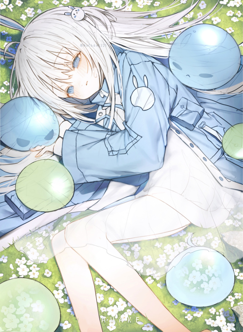 1girl, ahoge, aochan_1325, blue_eyes, blue_jacket, commentary_request, dress, expressionless, feet_out_of_frame, flower, grass, hair_ornament, highres, jacket, knees_up, long_hair, lying, on_side, open_clothes, open_jacket, original, parted_lips, rabbit, rabbit_hair_ornament, slime_(creature), solo, white_dress, white_hair
