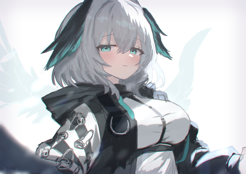 1girl, absurdres, aqua_eyes, aqua_wings, arknights, black_jacket, blurry, blurry_foreground