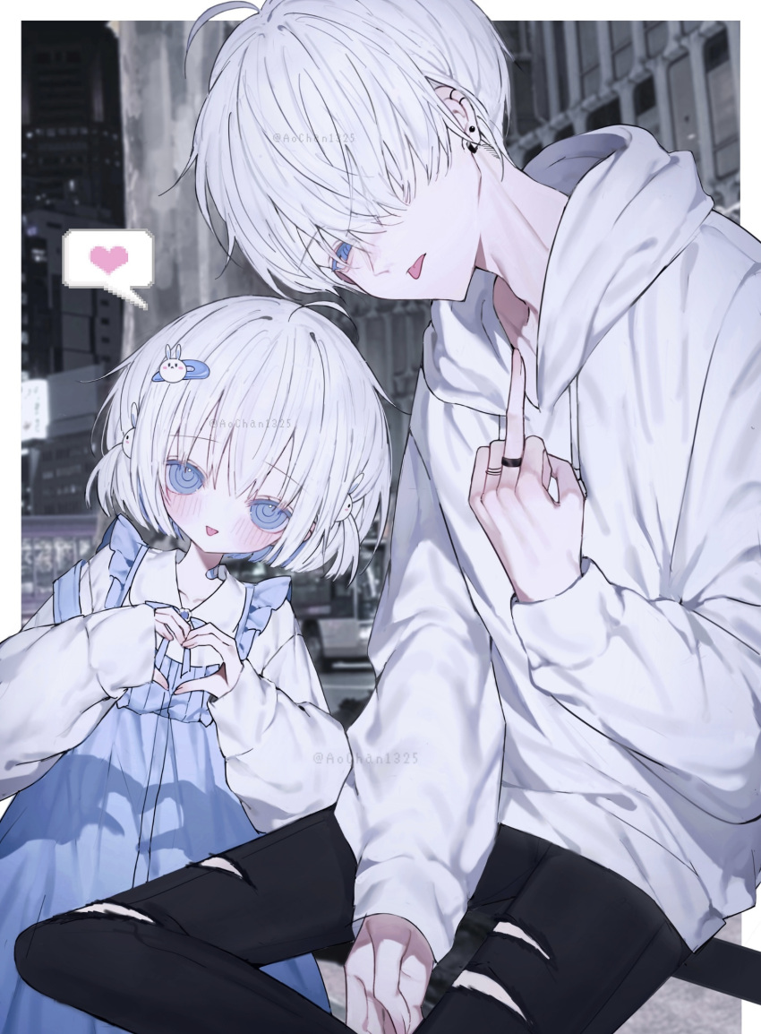 1boy, 1girl, :p, age_difference, ahoge, aochan_1325, bandaid, bandaid_on_neck