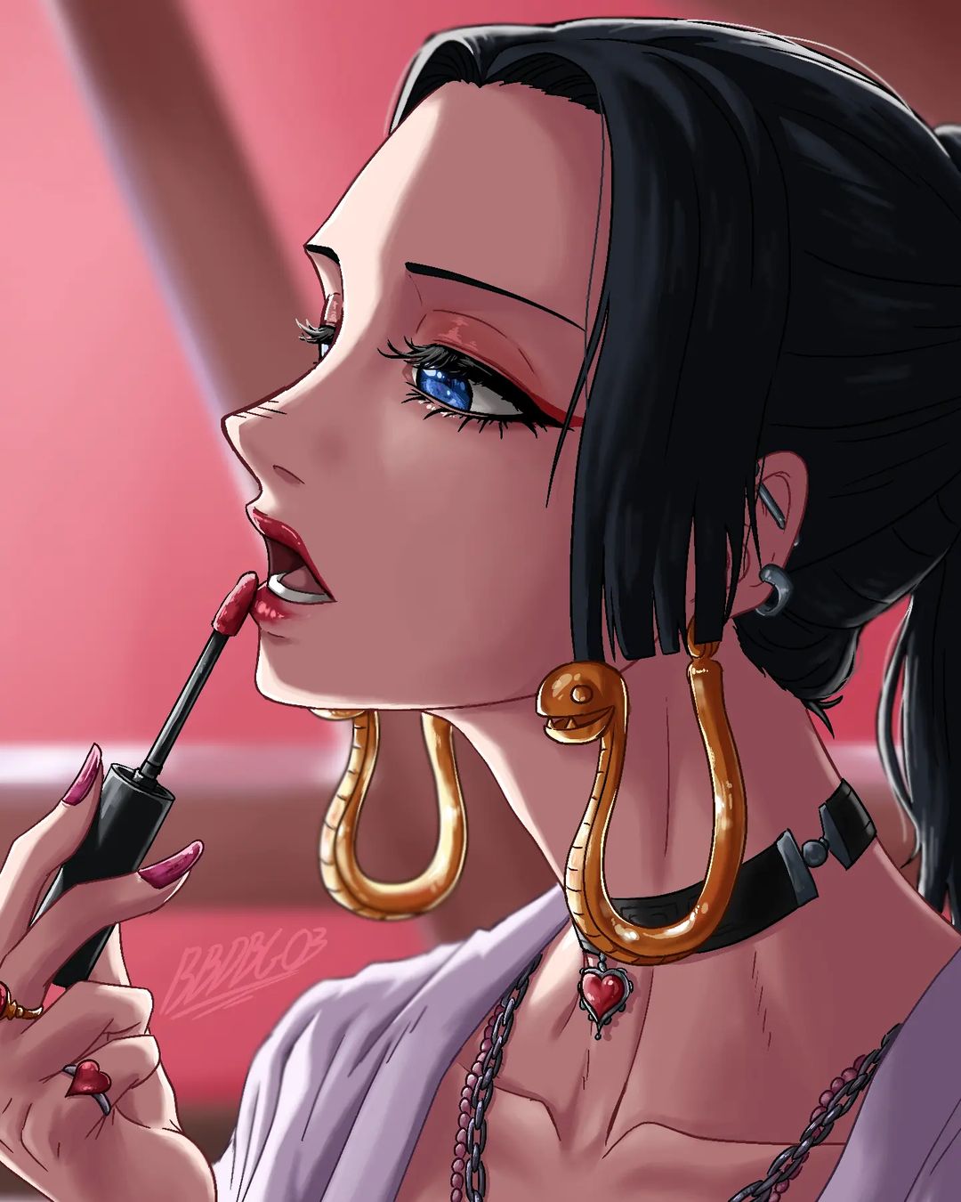 1girl, applying_makeup, artist_name, bbdbg03, black_choker, black_hair, blue_eyes, boa_hancock