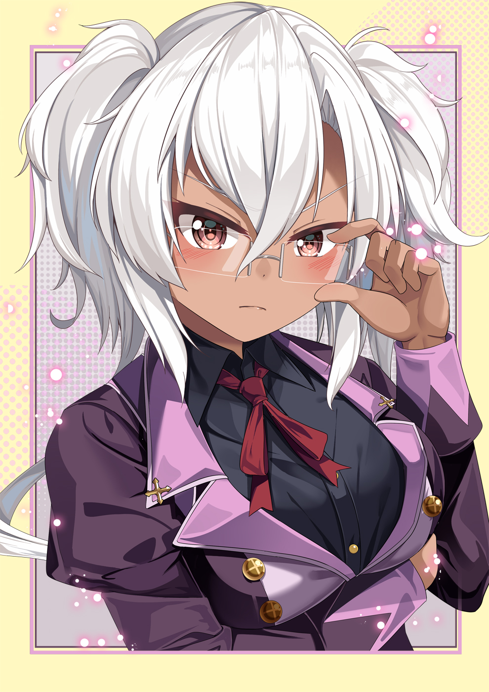 1girl, biwa_hayahide_(umamusume), biwa_hayahide_(umamusume)_(cosplay), black_shirt, brown_eyes, commentary_request, cosplay, dark_skin