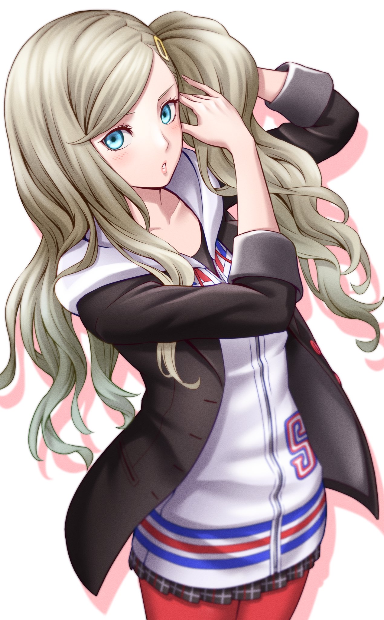 1girl, black_jacket, blue_eyes, blush, collarbone, commentary_request, folded_twintails, hair_ornament