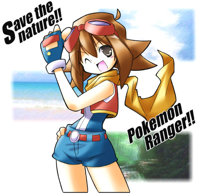 1girl, ;d, belt, blue_gloves, blue_shorts, brown_hair, cropped_legs, fingerless_gloves, gloves, goggles, goggles_on_head, grey_eyes, hair_between_eyes, hand_on_own_hip, medium_hair, one_eye_closed, open_clothes, open_mouth, open_vest, pokemon, pokemon_(game), pokemon_ranger, pokemon_ranger_3, rascal, red_belt, red_vest, scarf, shorts, smile, solo, summer_(pokemon), vest, yellow_scarf