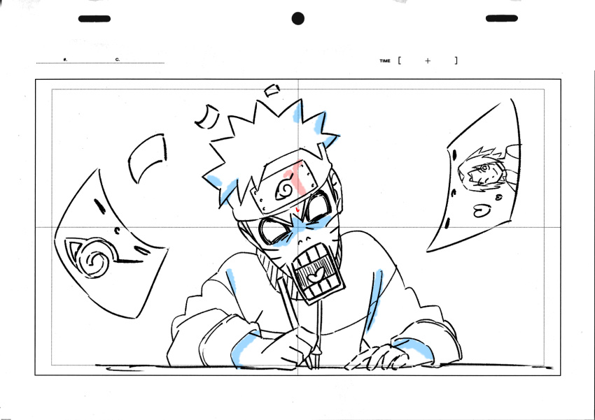 1boy, angry, animation_paper, animation_paper_(object), blank_eyes, drawing, greyscale, haruno_sakura, head_tilt, highres, jumper433, konohagakure_symbol, monochrome, naruto_(series), naruto_shippuuden, one_eye_closed, open_mouth, paper, sketch, smile, solo, spot_color, square_mouth, uzumaki_naruto